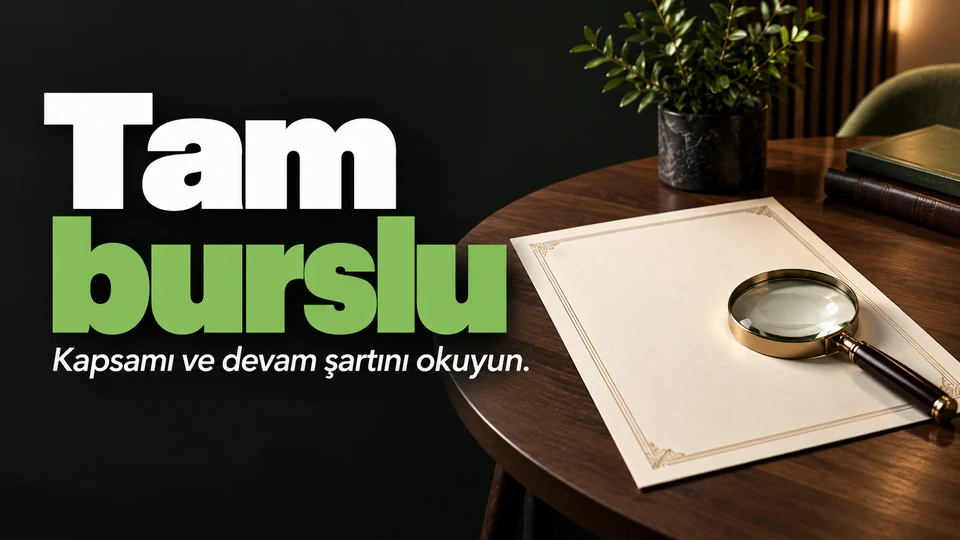Tam burslu başlığı yanında burs belgesi ve büyüteç.