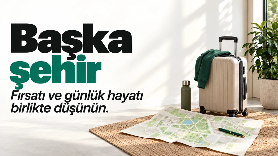 Başka şehir başlığı yanında valiz ve kampüs haritası.