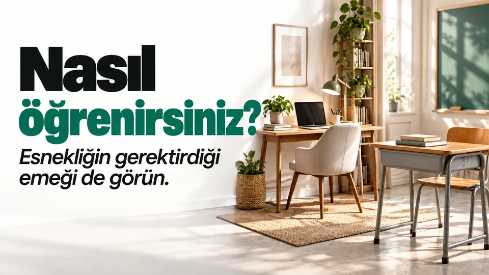 Nasıl öğrenirsiniz başlığı yanında ev ve sınıf çalışma masaları.