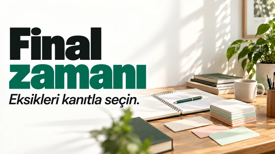 Final hazırlığında önceki sınav notları, çalışma kartları ve takvim.