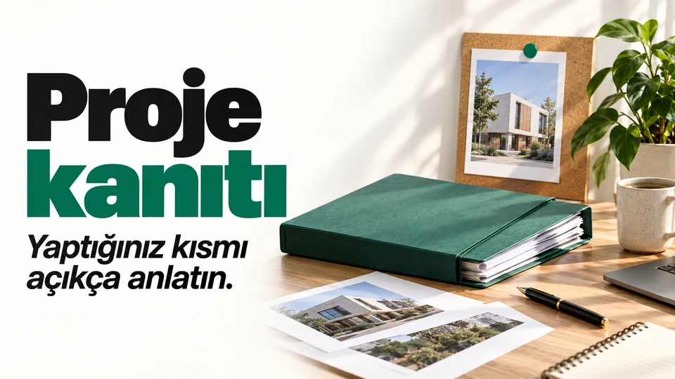 Proje kanıtı başlığı ve sağda bir üniversite proje dosyası ile iş ilanı.