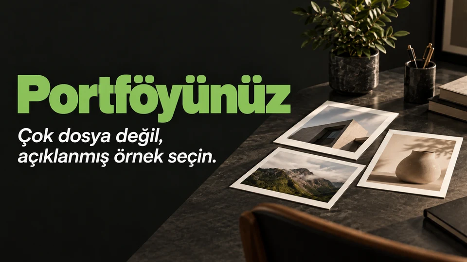 Portföyünüz başlığı ve sağda üç farklı öğrenci çalışmasını temsil eden kartlar.