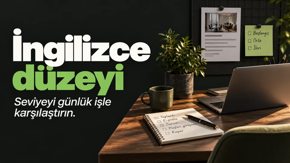 İngilizce düzeyi başlığı ve sağda iş ilanı ile okuma, yazma ve konuşma notları.