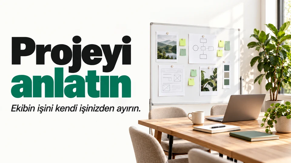 Projeyi anlatın başlığı ve sağda ekip görevleri ayrılmış bir proje panosu.