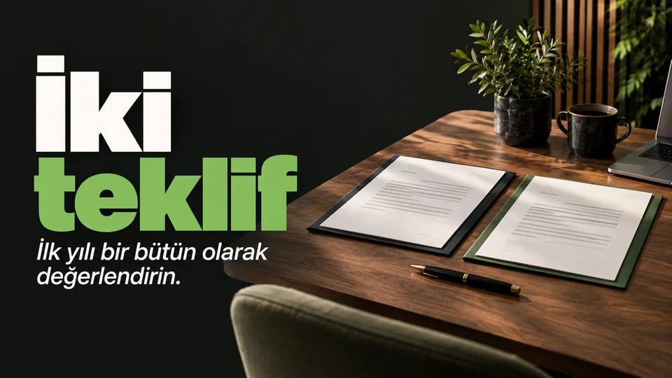 İki teklif başlığı ve sağda karşılaştırılan iki iş teklif mektubu.