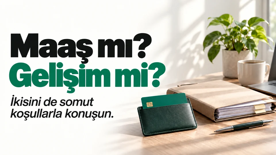 Maaş mı? Gelişim mi? başlığı ve sağda ücret kartı ile ilk iş görev dosyası.