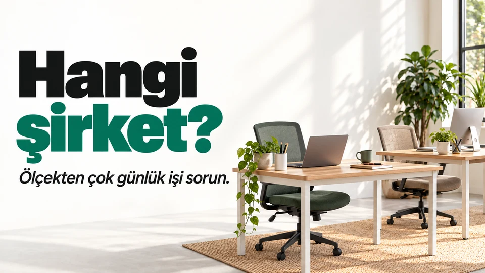 Hangi şirket başlığı ve sağda küçük ekip ile büyük kurumu simgeleyen iki çalışma masası.