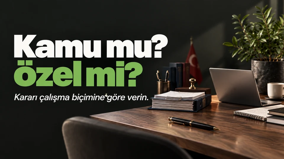 Kamu mu? Özel mi? başlığı ve sağda yan yana kamu kurumu evrakları ile özel şirket çalışma masası.