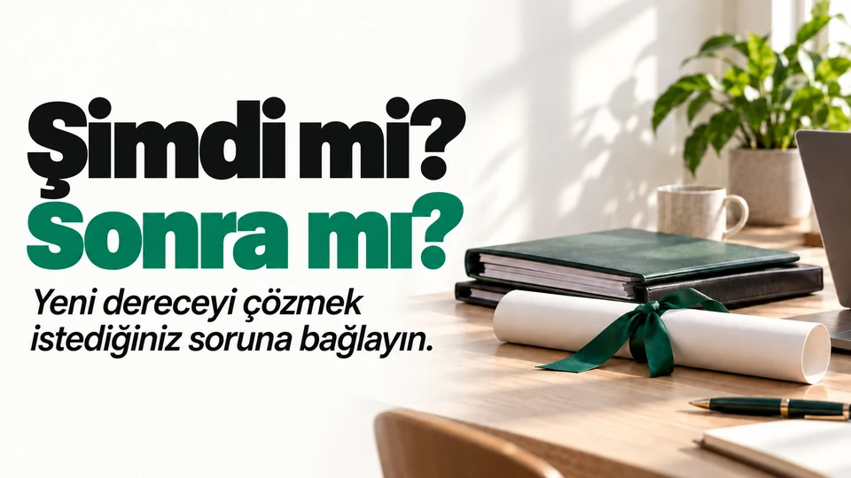 Şimdi mi? Sonra mı? başlığı ve sağda diploma ile iş dosyasının karşılaştırıldığı masa.