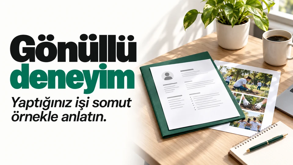 Gönüllü deneyim başlığı ve sağda etkinlik dosyasından CV'ye uzanan görev notları.