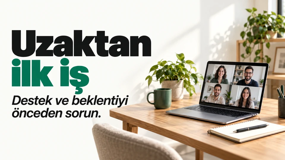 Uzaktan ilk iş başlığı ve sağda görüşme ekranıyla düzenlenmiş ev masası.