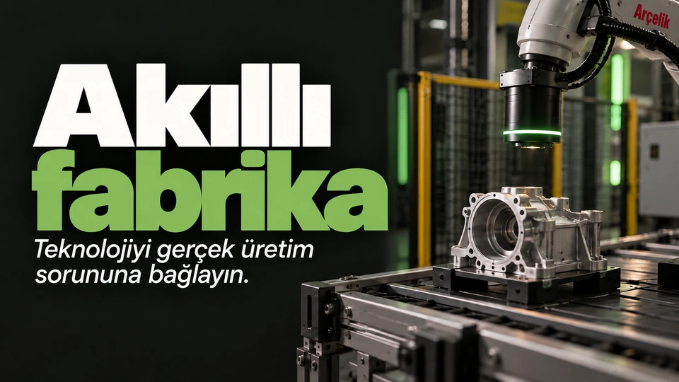 Akıllı fabrika: Sensörlü üretim parçası. Sağdaki sahnede Arçelik logosu.