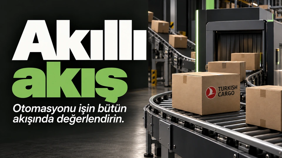 Akıllı akış: Kargo kutuları ve taşıma sistemi. Sağdaki sahnede Turkish Cargo logosu.