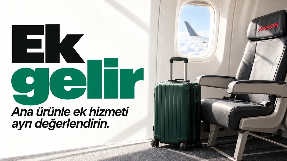 Ek gelir: Uçak koltuğu ve valiz. Sağdaki sahnede Pegasus logosu.