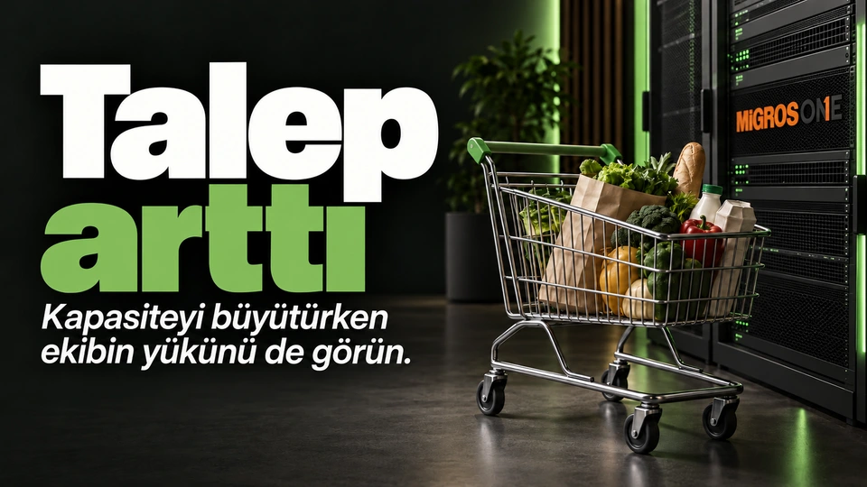 Talep arttı: Alışveriş sepeti ve sunucu modülü. Sağdaki sahnede Migros One logosu.
