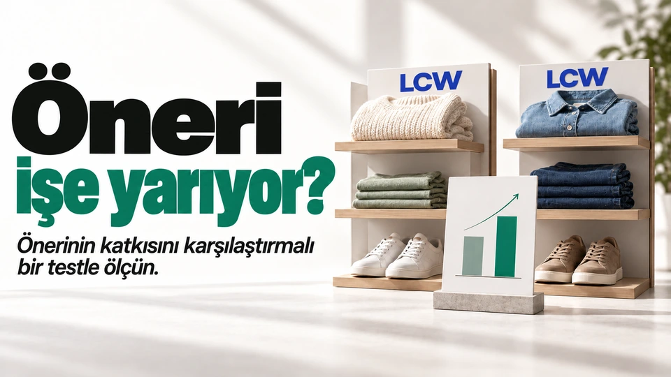 Öneri işe yarıyor?: İki ürün rafı ve ölçüm kartı. Sağdaki sahnede LC Waikiki logosu.