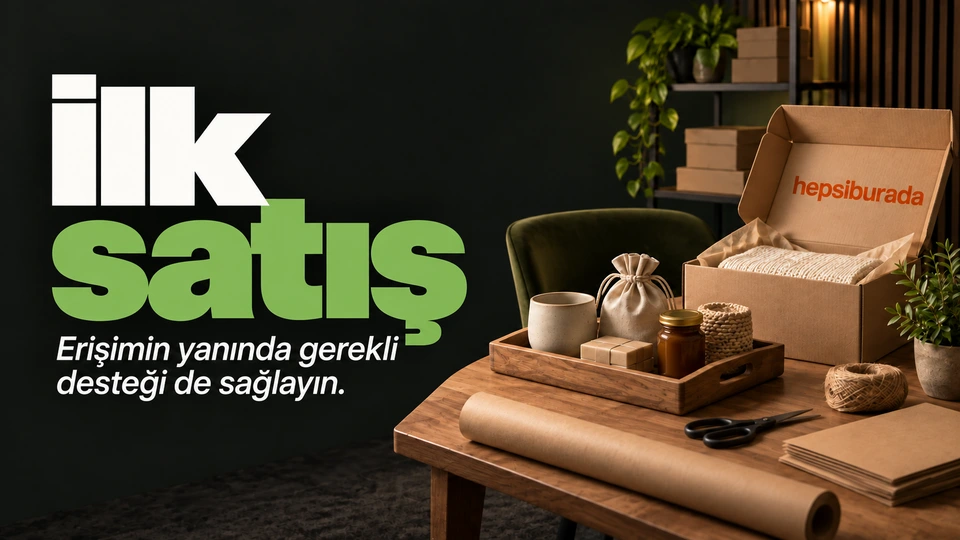 İlk satış: Küçük üretici paketi ve satış tepsisi. Sağdaki sahnede Hepsiburada logosu.