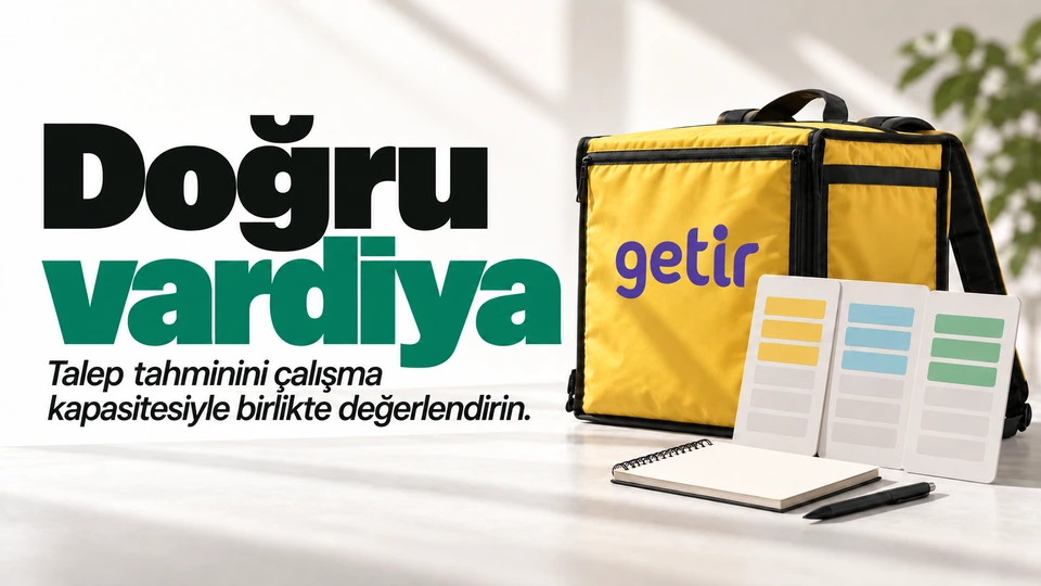 Doğru vardiya: Teslimat çantası ve vardiya kartları. Sağdaki sahnede Getir logosu.
