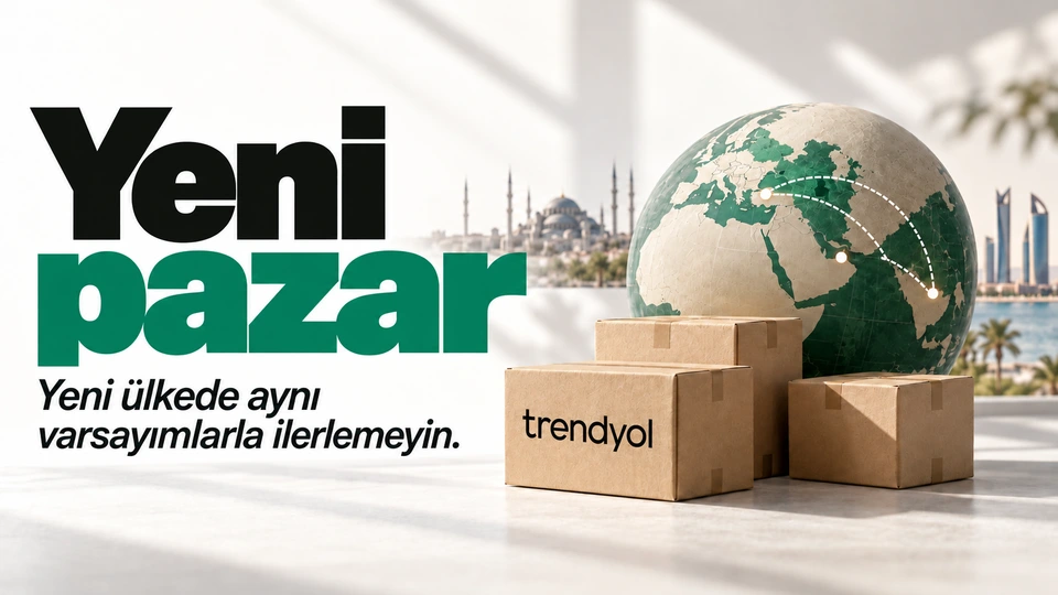 Yeni pazar: İki bölgeye uzanan paket rotası. Sağdaki sahnede Trendyol logosu.