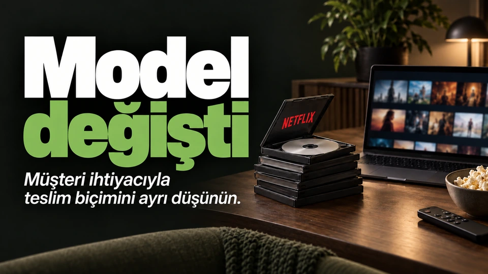 Model değişti: DVD ve bağlantılı ekran. Sağdaki sahnede Netflix logosu.