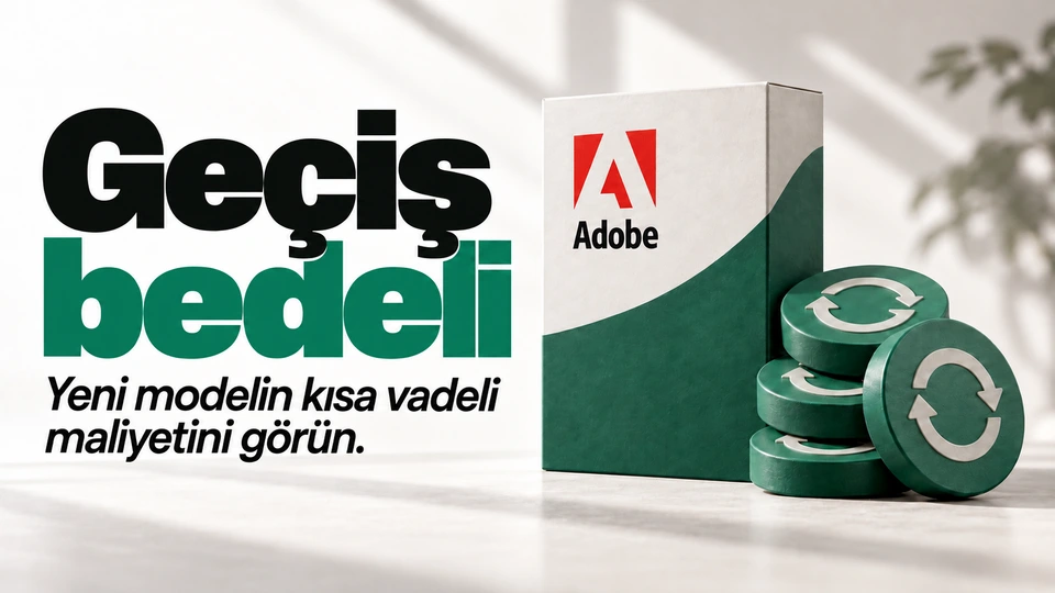 Geçiş bedeli: Yazılım kutusu ve tekrar eden ödeme halkaları. Sağdaki sahnede Adobe logosu.