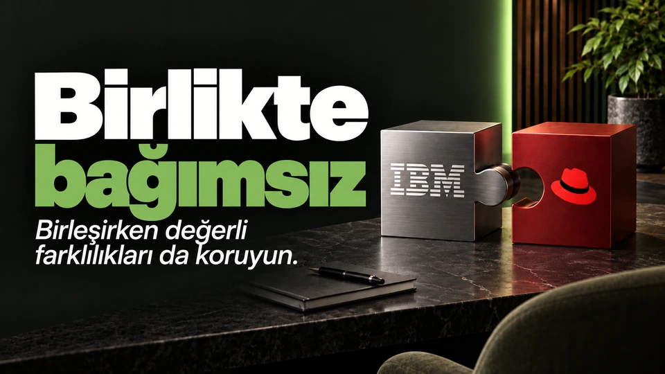 Birlikte bağımsız: Bağlantılı fakat ayrı iki modül. Sağdaki sahnede IBM ve Red Hat logosu.