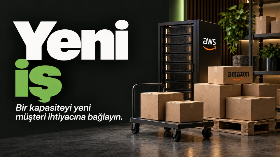 Yeni iş: Depolama modülü ve farklı proje kutuları. Sağdaki sahnede Amazon ve AWS logosu.
