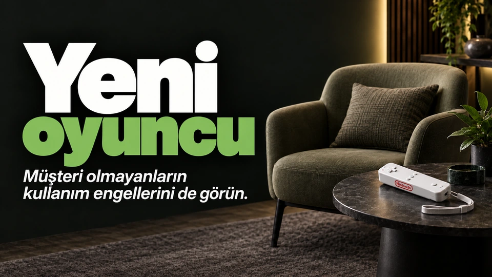 Yeni oyuncu: Oyun kumandası ve sade koltuk. Sağdaki sahnede Nintendo logosu.