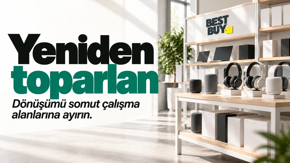 Yeniden toparlan: Yeniden düzenlenen mağaza rafı. Sağdaki sahnede Best Buy logosu.