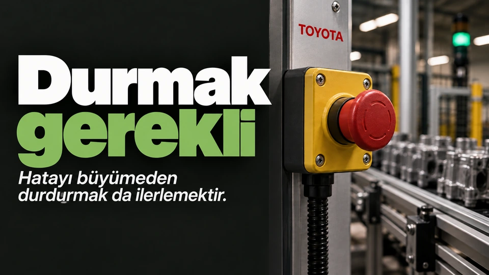 Durmak gerekli: Üretim hattında durdurma düğmesi. Sağdaki sahnede Toyota logosu.