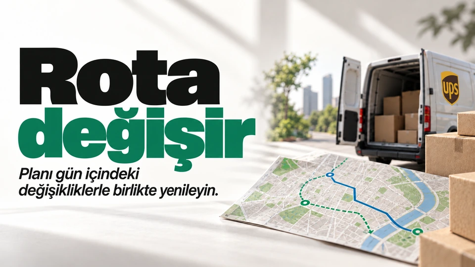 Rota değişir: Teslimat aracı ve alternatif yollar. Sağdaki sahnede UPS logosu.