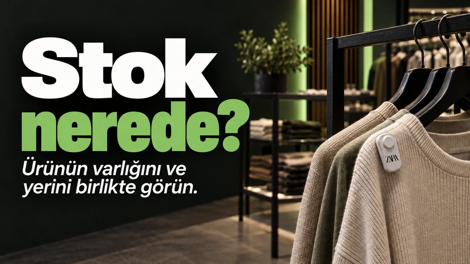 Stok nerede?: Askıdaki giysi ve etiketsiz sensör. Sağdaki sahnede Zara logosu.