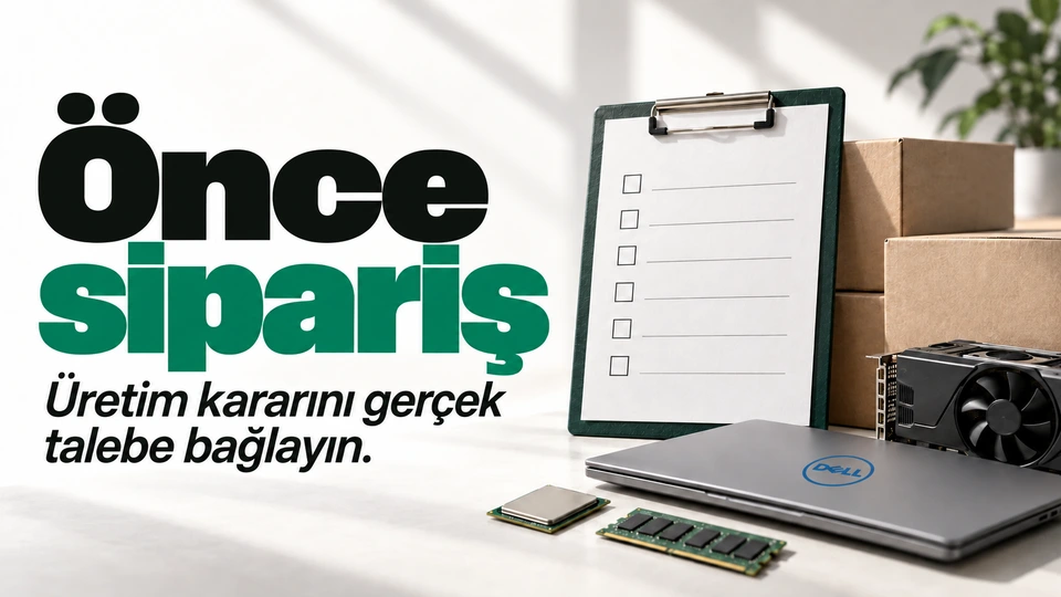 Önce sipariş: Sipariş kartı ve bilgisayar parçaları. Sağdaki sahnede Dell logosu.