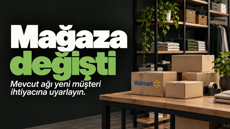 Mağaza değişti: Mağaza rafı ve teslimat paketi. Sağdaki sahnede Walmart logosu.