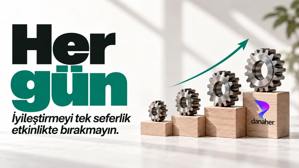 Her gün: Aşamalı değişen işlem parçaları. Sağdaki sahnede Danaher logosu.