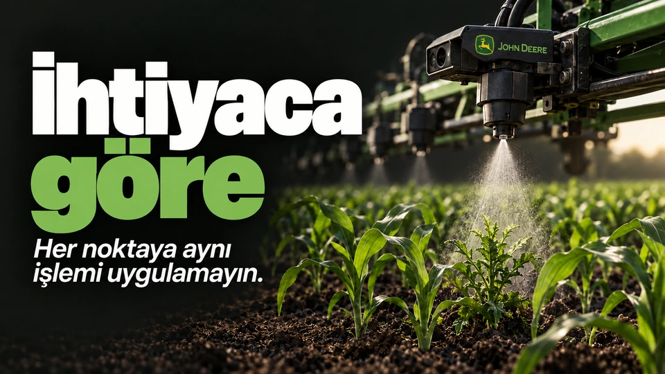 İhtiyaca göre: Seçili bitkiye yönelen püskürtme başlığı. Sağdaki sahnede John Deere logosu.