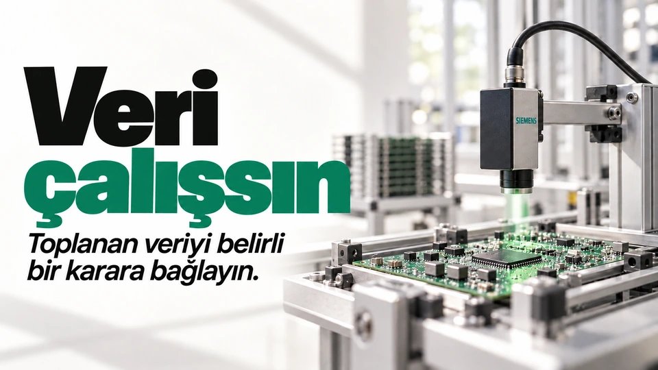 Veri çalışsın: Elektronik parça ve ölçüm sensörü. Sağdaki sahnede Siemens logosu.