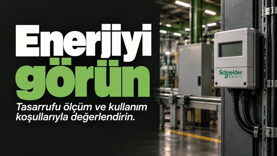 Enerjiyi görün: Elektrik sayacı ve fabrika modülü. Sağdaki sahnede Schneider Electric logosu.