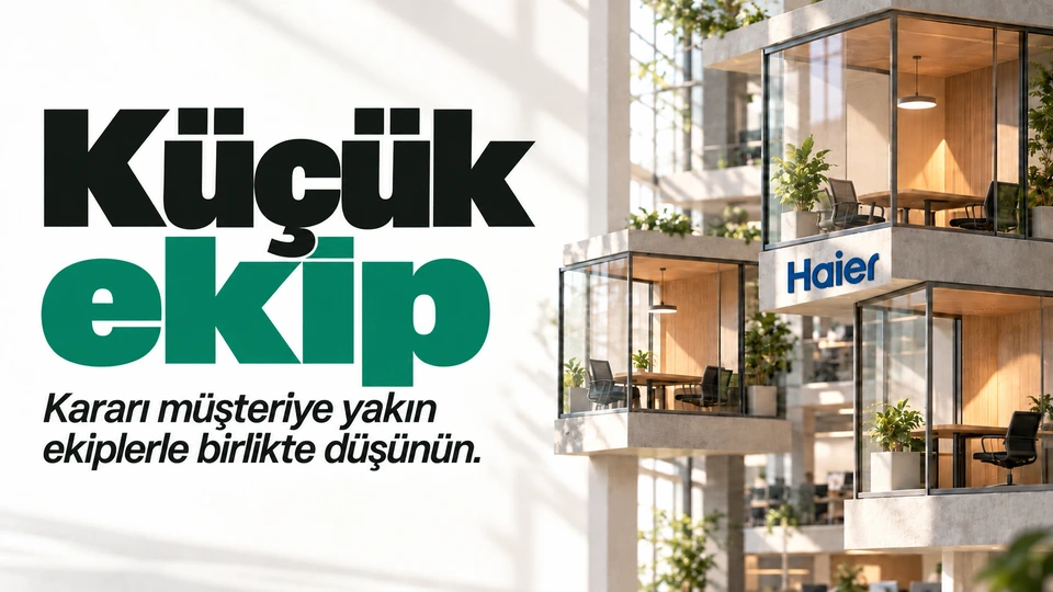 Küçük ekip: Büyük yapı içindeki küçük çalışma birimleri. Sağdaki sahnede Haier logosu.