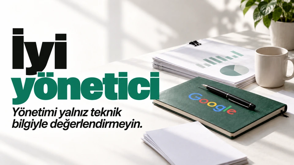 İyi yönetici: Çalışma dosyası ve görüşme defteri. Sağdaki sahnede Google ve Google logosu.