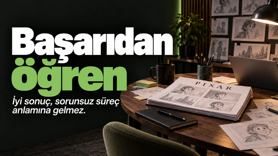 Başarıdan öğren: Tamamlanmış storyboard ve inceleme notları. Sağdaki sahnede Pixar logosu.