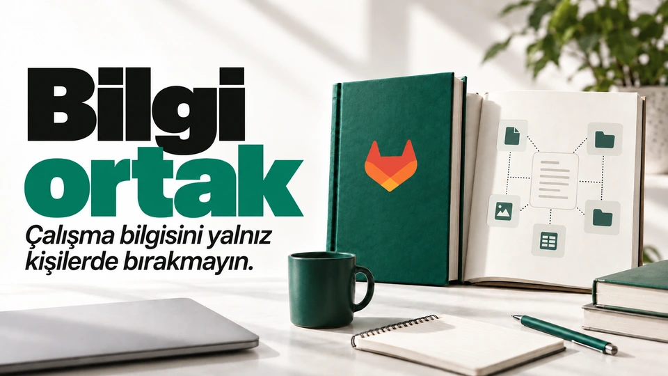 Bilgi ortak: Açık el kitabı ve bağlı dosyalar. Sağdaki sahnede GitLab logosu.