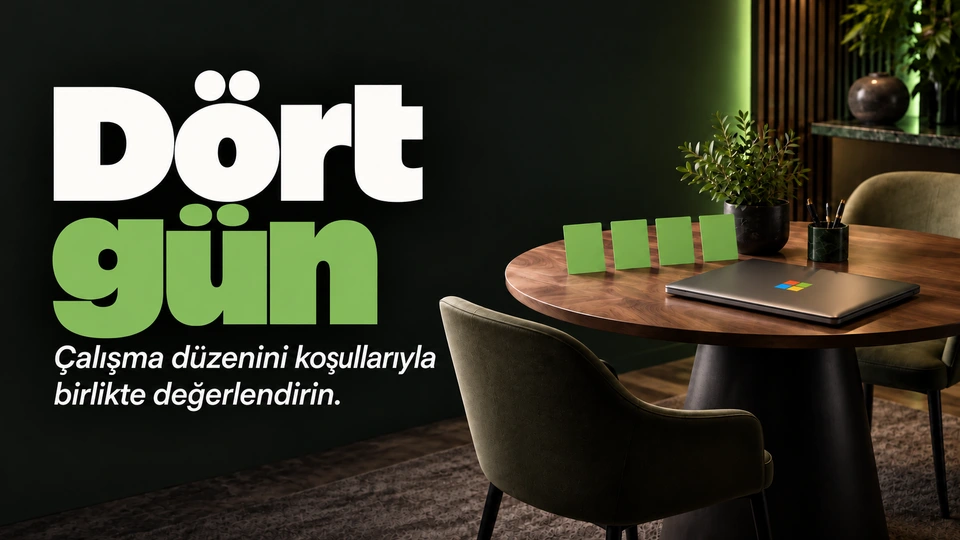 Dört gün: Dört çalışma kartı ve kapalı dizüstü. Sağdaki sahnede Microsoft logosu.