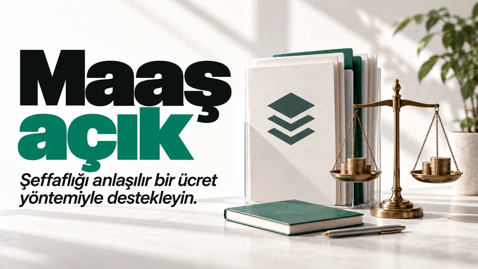 Maaş açık: Açık ücret dosyası ve terazi. Sağdaki sahnede Buffer logosu.