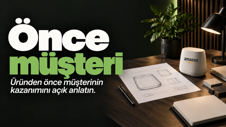 Önce müşteri: Tek sayfalık duyuru ve prototip. Sağdaki sahnede Amazon logosu.