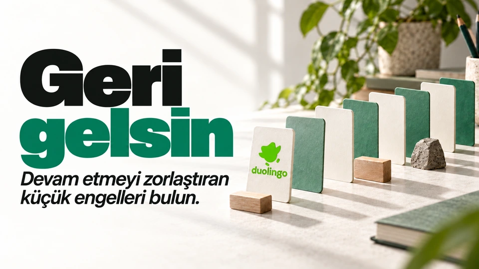 Geri gelsin: Kesintisiz ilerleyen çalışma kartları. Sağdaki sahnede Duolingo logosu.