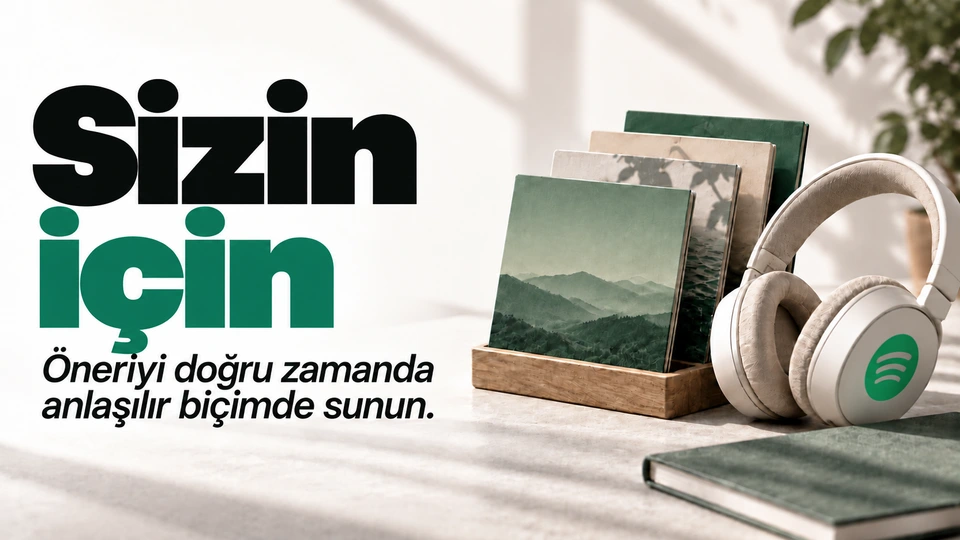 Sizin için: Kulaklık ve seçilmiş müzik kartları. Sağdaki sahnede Spotify ve Spotify logosu.