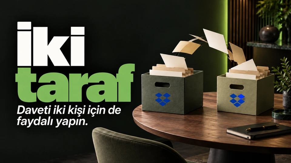 İki taraf: İki dosya kutusuna eklenen alan. Sağdaki sahnede Dropbox logosu.