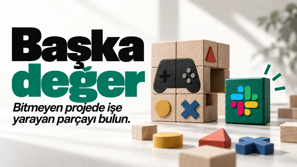 Başka değer: Oyun parçasından ayrılan iletişim modülü. Sağdaki sahnede Slack logosu.