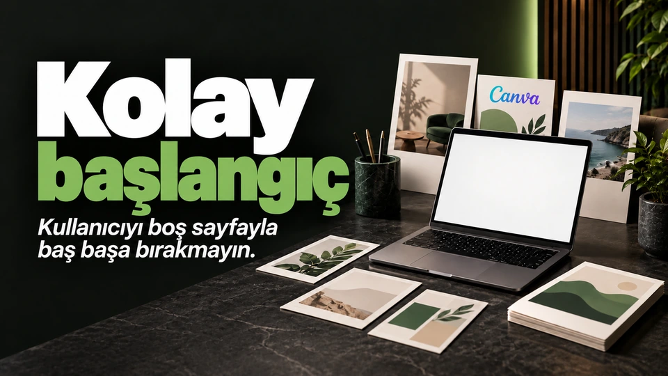 Kolay başlangıç: Boş sayfanın yanında hazır tasarım kartları. Sağdaki sahnede Canva logosu.